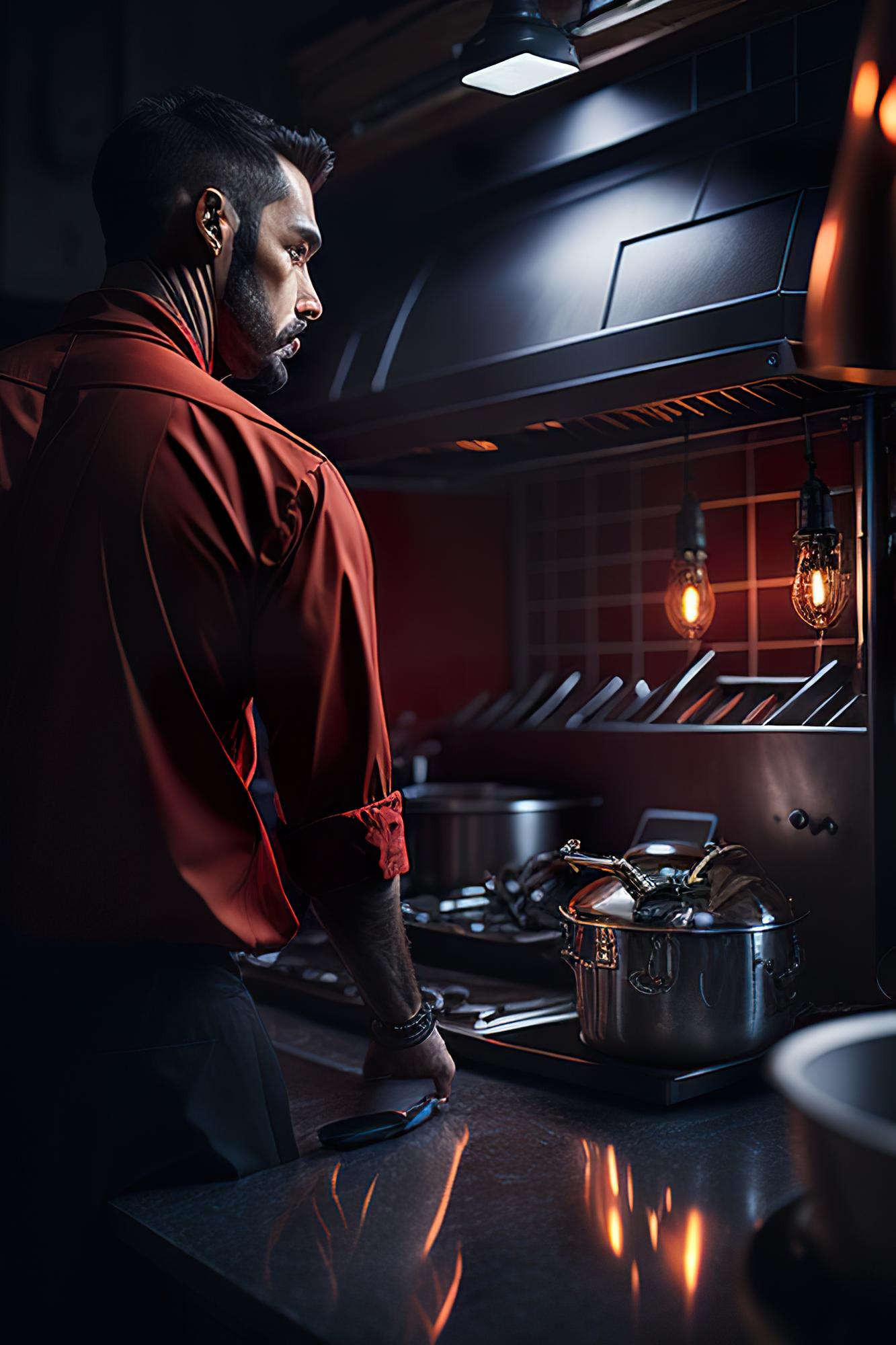 studio kitchen with chef working over stove